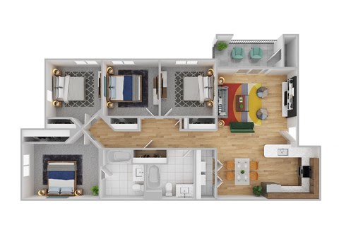 Floor plan for 4 beds, 2 baths, 1372 sqft